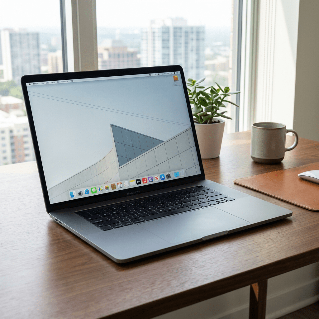 MacBook Pro on a wooden desk with a succulent, mug, and city window view.