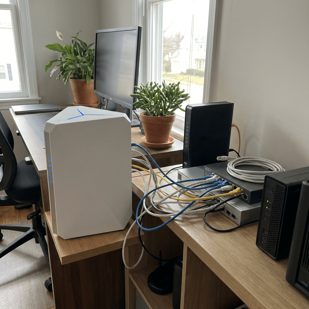 White gaming PC next to a network switch with multiple connected Ethernet cables.