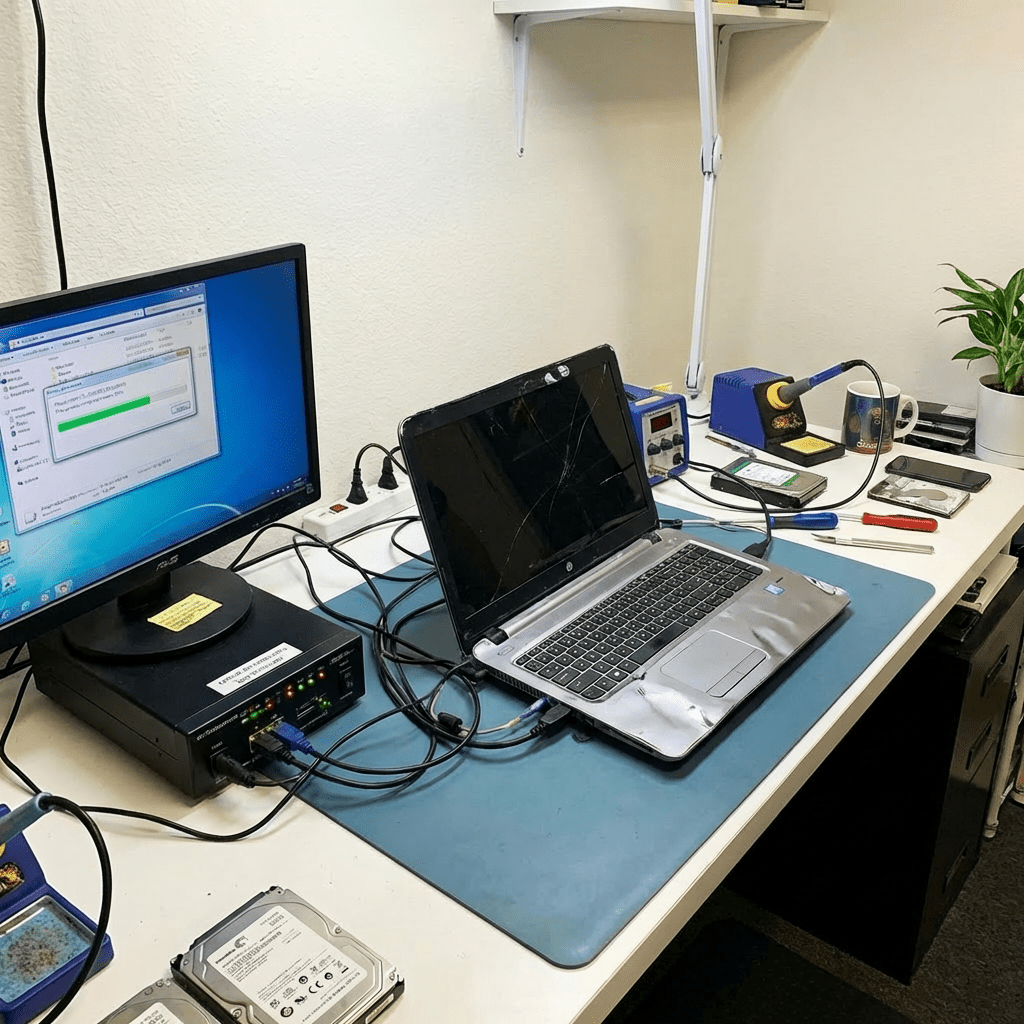 Technician in a DATA RESCUE SERVICES lab inspecting a laptop with a cracked screen.