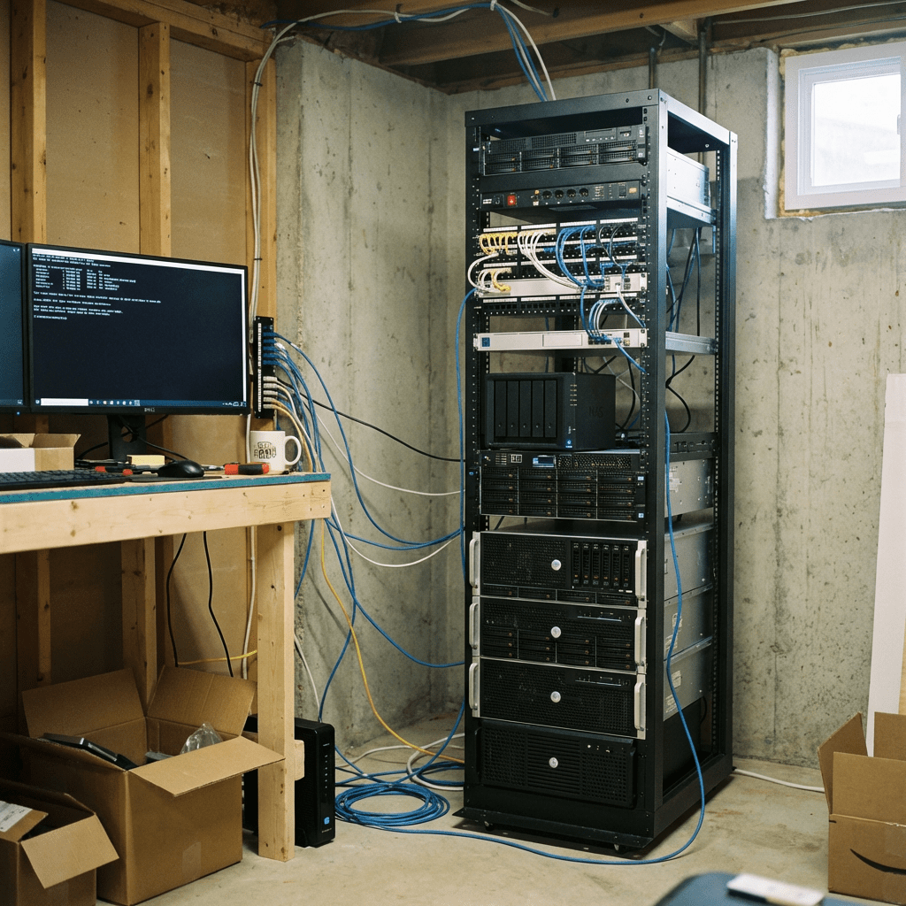 Tall black server rack with networking equipment and servers next to a computer workbench.